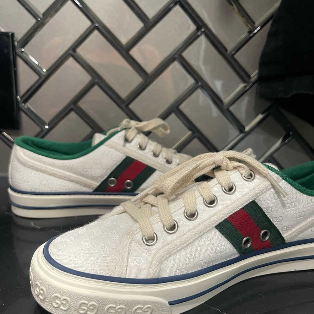 Gucci White Sneakers with Red and Green Accents